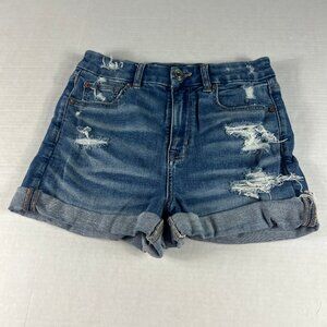 American Eagle Shorts Women 27* Curvy Hi Rise Blue Distressed Cuffed Denim Tag 4